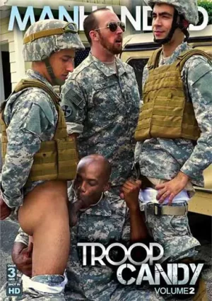 Troop Candy 2. Gay porn movie, where muscular military men follow orders leading to rough anal action. Intense interracial gang bangs and military gay sex.