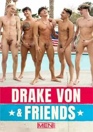 Drake Von and Friends Gay Porn: A steamy gay orgy unfolds as Drake invites pals Matteo Gold, Harley Xavier, and more for nude pool fun, blowjobs, and intense bukkake action.